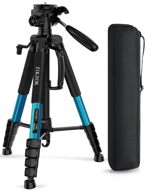 75" Heavy Duty Camera Tripod Stand with Bluetooth Remote - Max Load 15LB, Aluminum Travel Tripod for DSLR/Phone/Tablet/Projector, 3-Way Pan Head & Quick Release Plate, Compact Foldable Design (Blue)