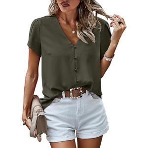 Short Sleeve Tops for Women 2025 Summer Spring Western Chiffon Blouses Dressy Casual Work Pearl Shirts size M