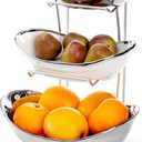 Goaste 3 Tier Ceramic Fruit Bowl, Oval Tiered Serving Bowl Set, Porcelain Fruit Basket with Metal Stand, Large Detachable Fruit Storage Holder Rack for Kitchen Counter, Vegetable, Cake, Dessert, Salad