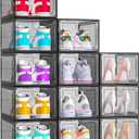 ARSTPEOE 12 Pack Upgrade Harder Shoe Organizer, Shoe Storage with Magnetic Front Door, Clear Shoe Boxes Foldable Space-Saving Shoe Rack for Sneaker Boot Container, Black