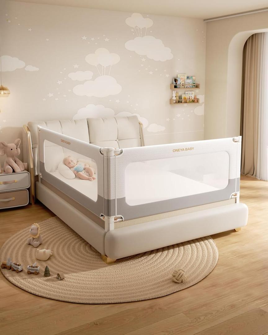 2 Piece Full Size Bed Rails for Toddlers, No-drill Needed Baby Bed Rail Guard with Height Adjustable, Thickened & Reinforced Child Safety Side Railing Guards/Bedrail for Kids,White/Grey, 54x74.8Inches