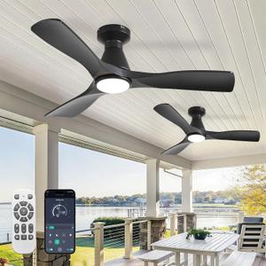 Depuley 2 Pack Ceiling Fans with Lights: 42-Inch Black Flush Mount Low Profile Ceiling Fan for Bedroom Living Room - 3 Blades Dimmable Indoor Outdoor Fans with Remote APP Control Ultra Quiet DC Motor