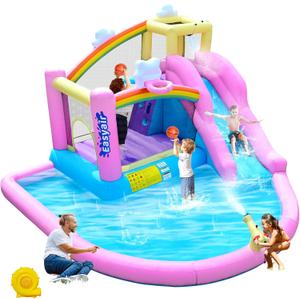 Inflatable Bounce House Water Slide Combo, Blow Up Water Slides for Backyard, Kids Jumper with Climbing Wall, Basketball Hoop, Splash Pool with Blower