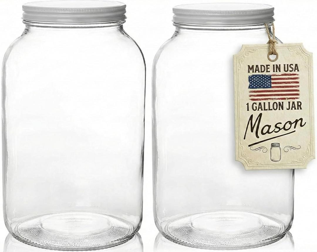 kitchentoolz Gallon Jar 1 Gallon Glass Jar with Lid  Gallon Mason Wide Mouth Large Glass Jar for Fermenting, Pickling, Canning, Water Glassing Eggs, Kombucha, and Food Storage  Made in USA (White Lid (2 Pack))