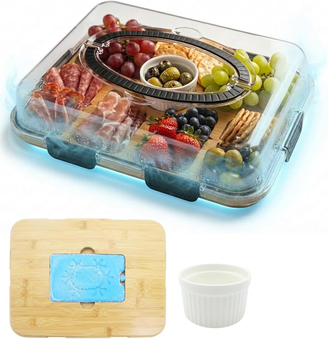 Charcuterie Board with Lid & Ice, Upgraded 6 Snap Laches, Sauce Cup Included, Large Portable Cheese Tray with Handle, Serving Tray for Picnic & Pool, House Warming Gifts New Home (Black)