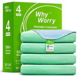 WhyWorry Washable Bed Pads for Adult Incontinence, 34" x 36" (Pack of 4) Washable Pee Pads for Bed Wetting, Heavy Absorbency Reusable Underpads for Elderly & Kids, Waterproof Mattress Protector, Green