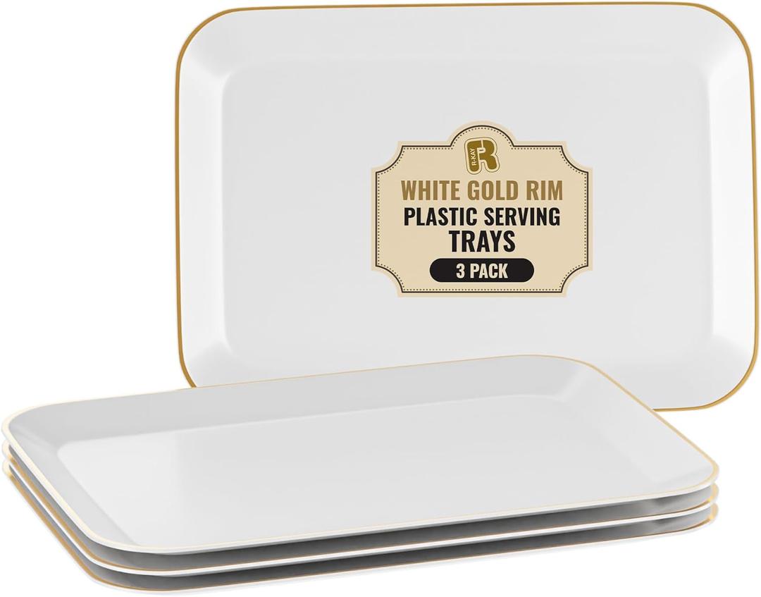 R-kay 3 Pack Plastic Serving Trays for Party - White and Gold Tray 8 by 11 in Heavy Duty Dessert Food Rectangular Premium Platters