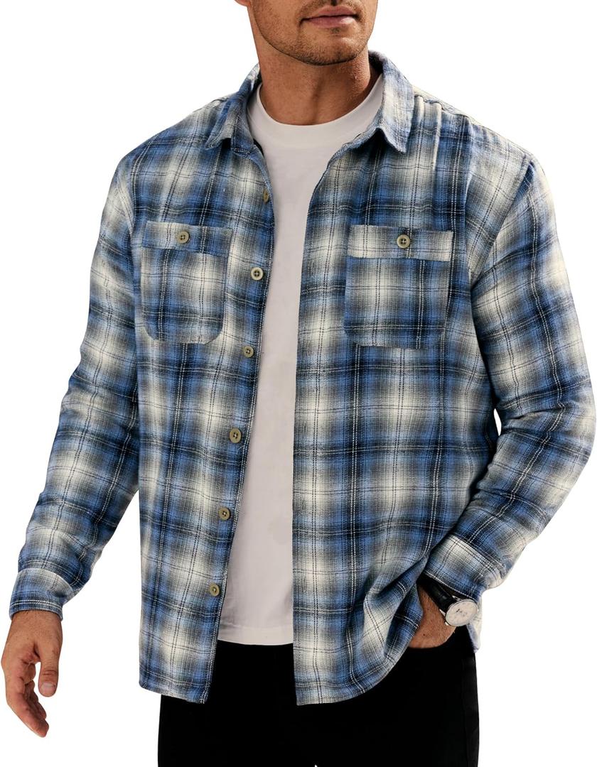 Men Fleece-Lined Button Shirt Flannel Plaid Warm Winter Casual Jacket with Flap Pockets (S-3XL)