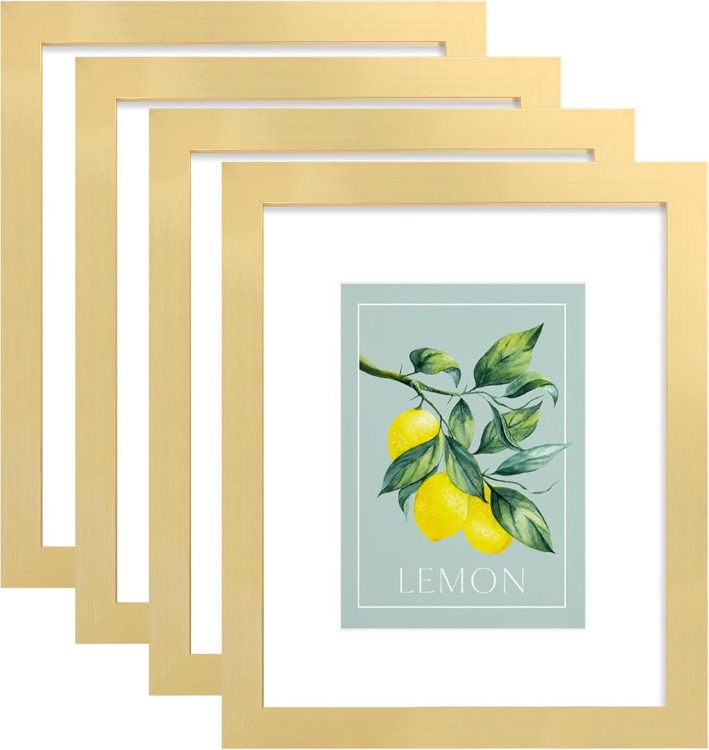 8x10 Picture Frame (4 Pack, Gold) Made of Real Glass and Wooden Frame - Display Pictures 5x7 with Mat or 8x10 Without Mat, 8 by 10 Photo Frames TableTop Display and Wall Mounting