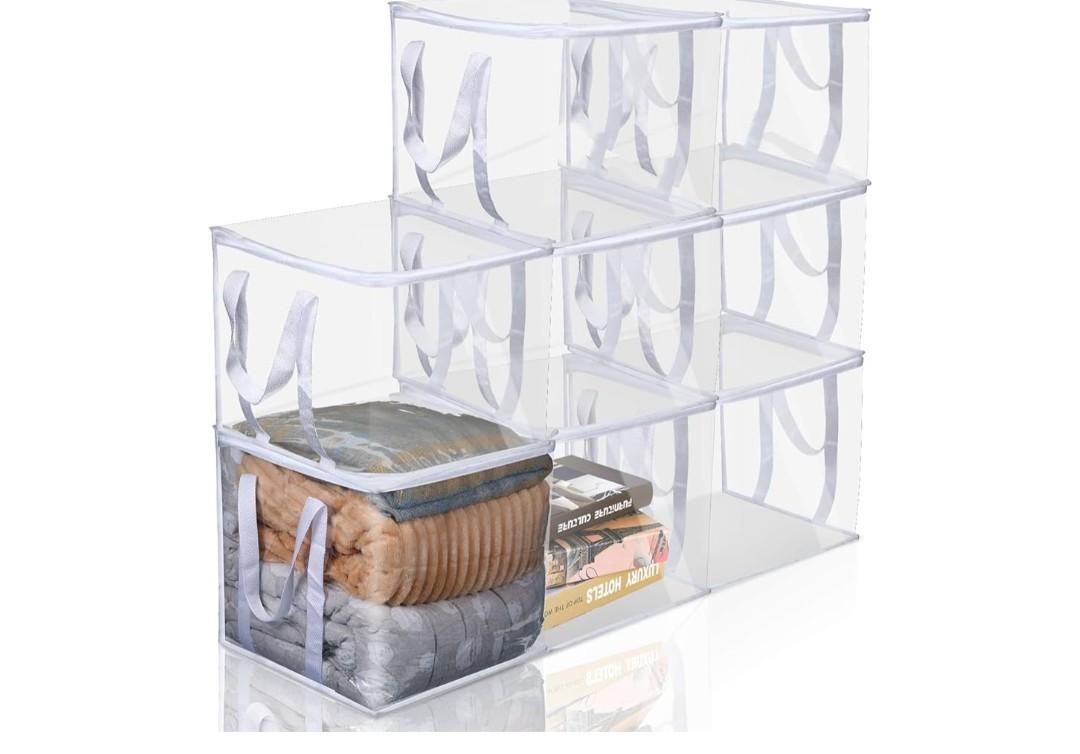 Windyun 6 Pcs Clear Zippered Organizers 12''x12''x12'' Moving Bags with Reinforced Handles Heavy Duty Storage Cube Tote Storage Bags Bins for Clothes Moving Supplies Linens Shoes Closet Organizer