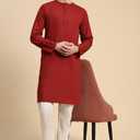 SKAVIJ Men's Pure Cotton Solid Kurta Pajama Set Round Neck Daily Wear Casual Yoga Dress (Red, XL)