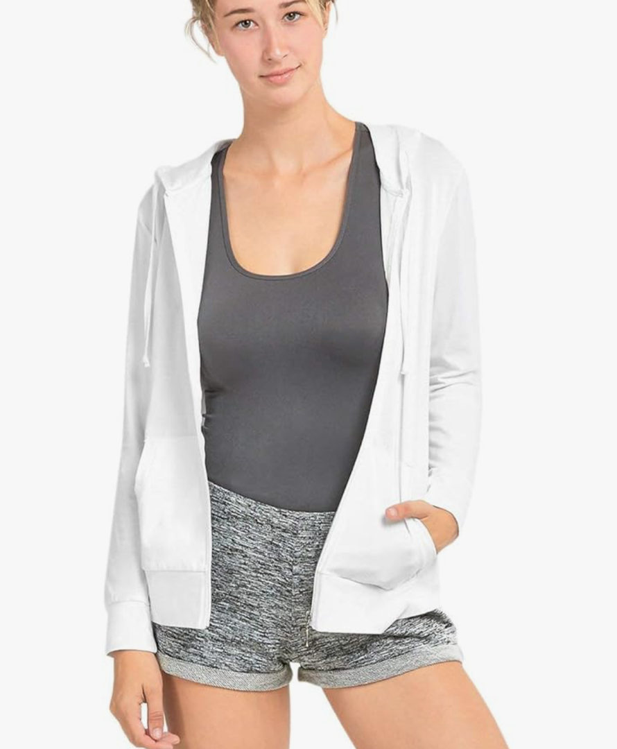 Women's Lightweight Cotton Blend Long Sleeve Zip Up Thin Hoodie Jacket (White, M) 