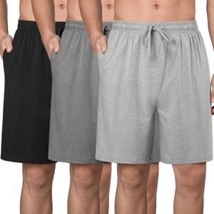 3 Pack Mens Cotton Pajama Shorts Soft Comfortable Lounge Shorts with Drawstring & Two Pockets Sleep Bottoms for Men (Large, Black, Gray, Light Gray)