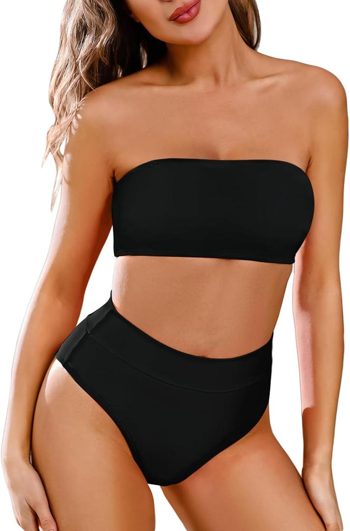 Pink Queen Women's Removable Strap Wrap Pad Cheeky High Waist Bikini Set Swimsuit (Medium, Black)