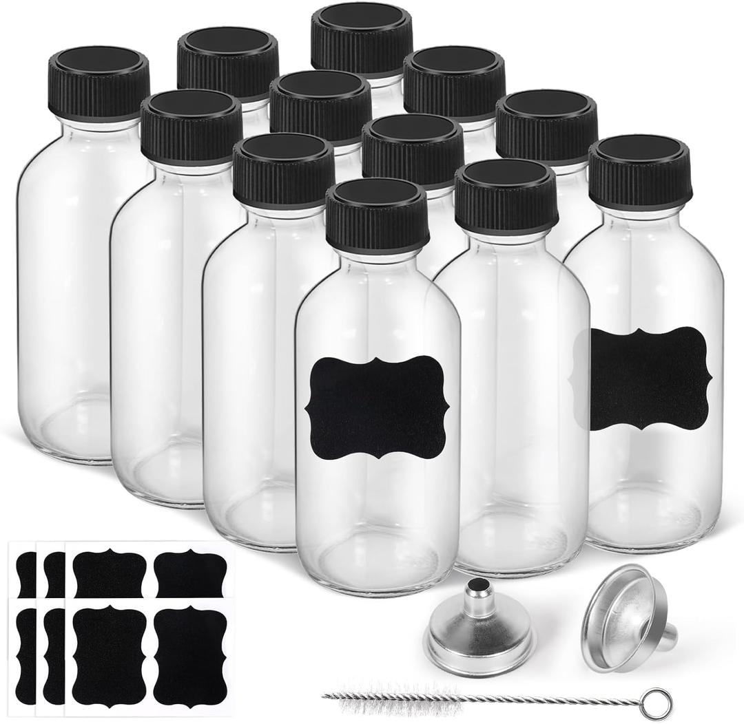 2oz Small Clear Glass Bottles with Lids, 2 Stainless Steel Funnel, 12 Labels,1 Brush - 60 ml Reusable Boston Bottle for Juice, Ginger Shot, Wellness, Oils, Whiskey, Liquids - Leakproof Travel Bottle