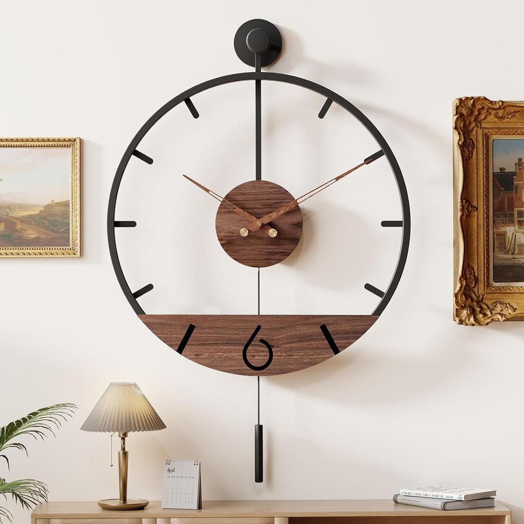 30.720 Inch Large Modern Decorative Pendulum Wall Clock,Big Metal Farmhouse Oversized Silent Wall Clocks Minimalist Elegant Walnut Dial Pointers for Living Room,Office,Dining Room Decor (Black)