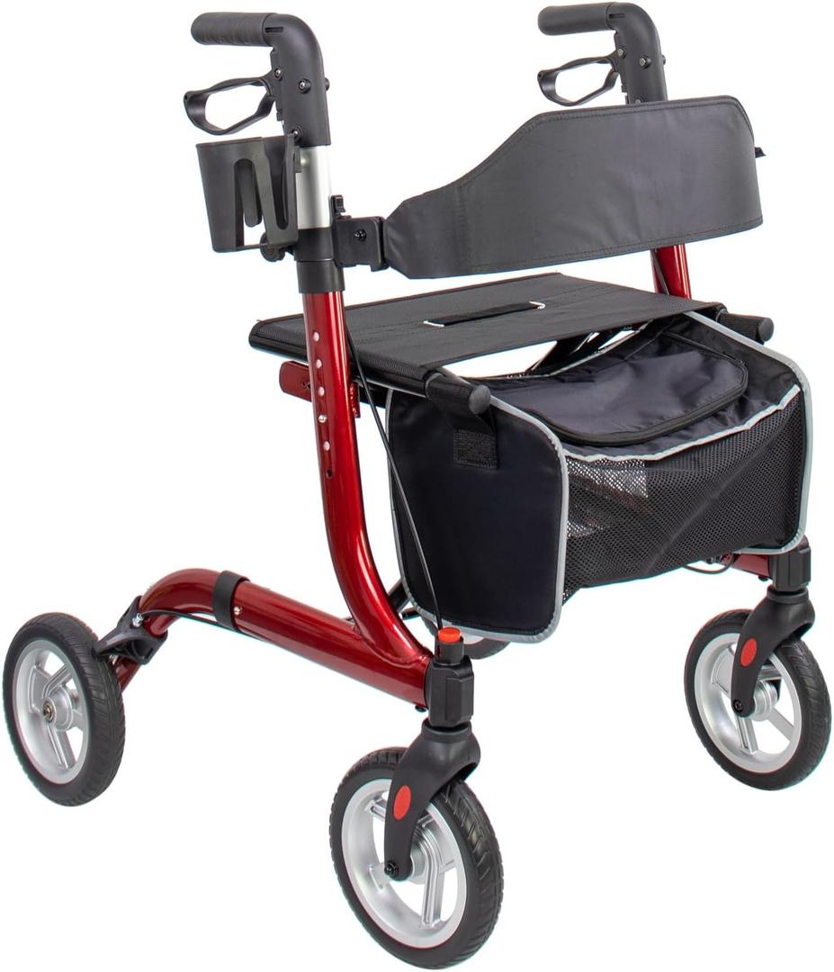 Rollator Walkers for Seniors- Rollator Walker 8" TPU Wheels- with Cup Holder Easy Folding Senior Walker with Backrest- Lightweight Mobility Walking Aid for Adult Elderly, Aluminum Frame, Red (TPU off-road tires)