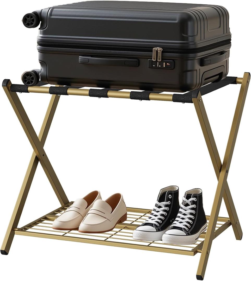 Smuxee Fully Assembled Gold Luggage Rack, Foldable Iron Suitcase Stand with 5 Nylon Straps, Luggage Holder with Shelf for Guest Room Bedroom Hotel