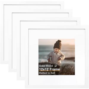 KINLINK 12x12 Picture Frame, White Square Solid Wood Frames for Pictures 8x8 with Mat or 12x12 without Mat, Wall Display Photo Frames White 4 Pack