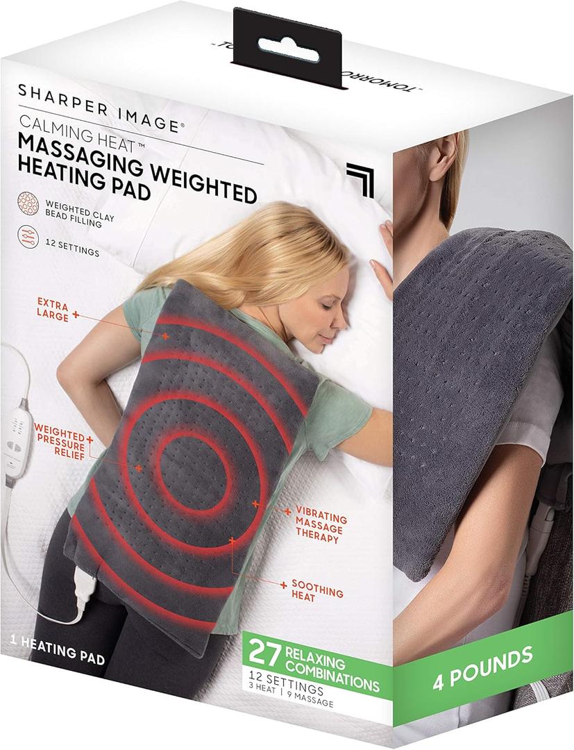 Calming Heat Massaging Vibrations Weighted Heating Pad by Sharper Image | Auto Shut-Off Feature, Gift for Holidays, Women & Men | 3 Heat, 9 Massage, 12 x 24, 4 lbs