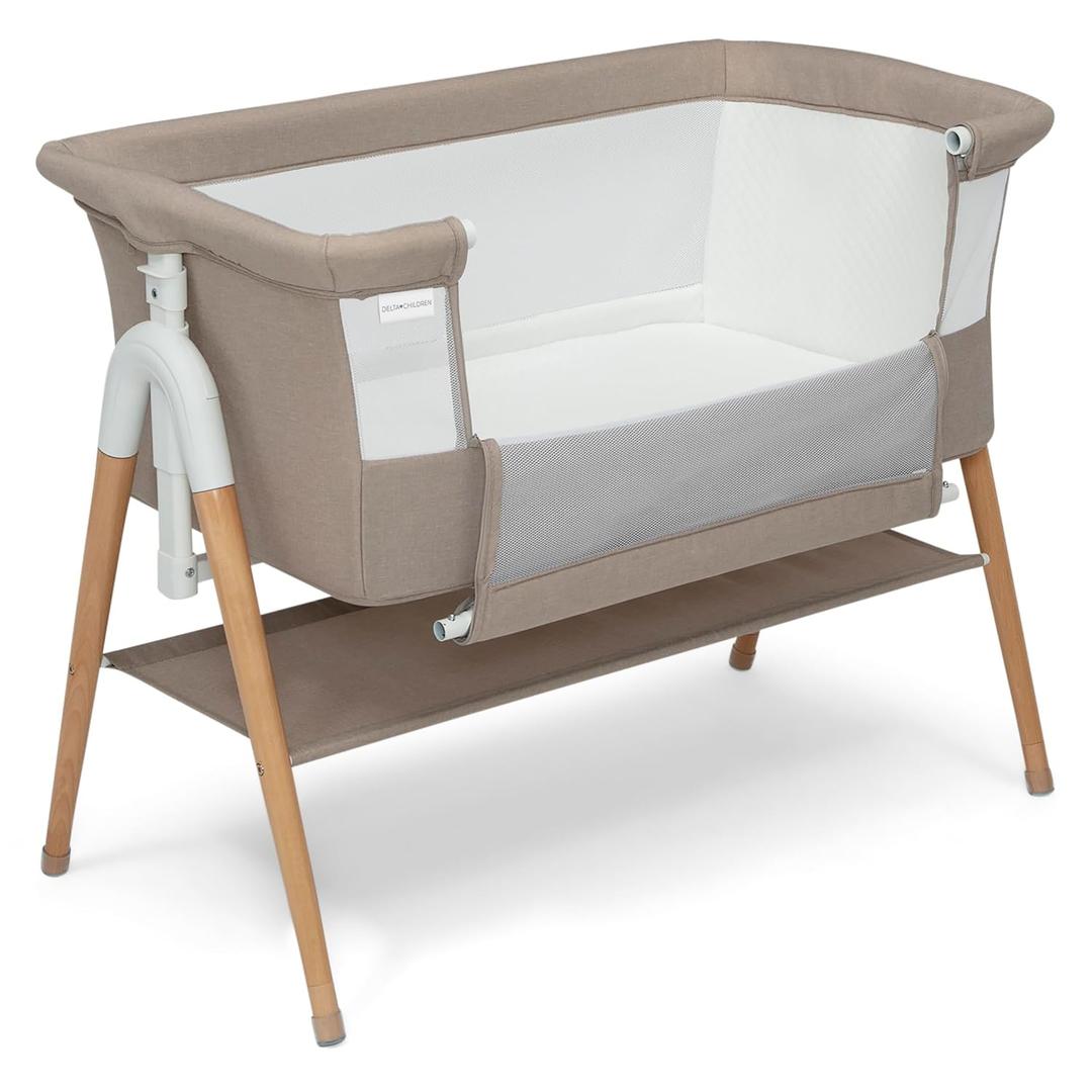 Delta Children Bondi Adjustable Height Bedside Beechwood Bassinet with PureAir Mesh Sheet and FSC-Certified Wood, Tan