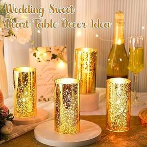 Glass Cylinder Vases Centerpieces Gold: Hewory Set of 6 Golden Mercury Hurricane Candle Holders for Pillar or Floating Candle, Glittery Round Vase for Wedding Anniversary Events Home Table Decor