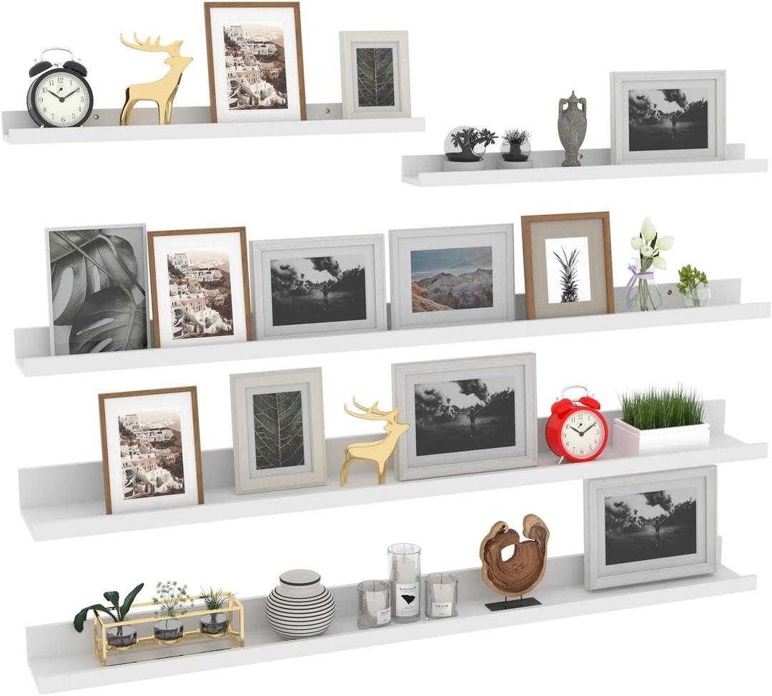 Giftgarden 47 Inch Long Floating Shelves for Wall Set of 5, White Wood Wall Shelves for Bathroom, Bedroom, Kitchen, Living Room Storage and Decoration, Wooden Picture Ledge