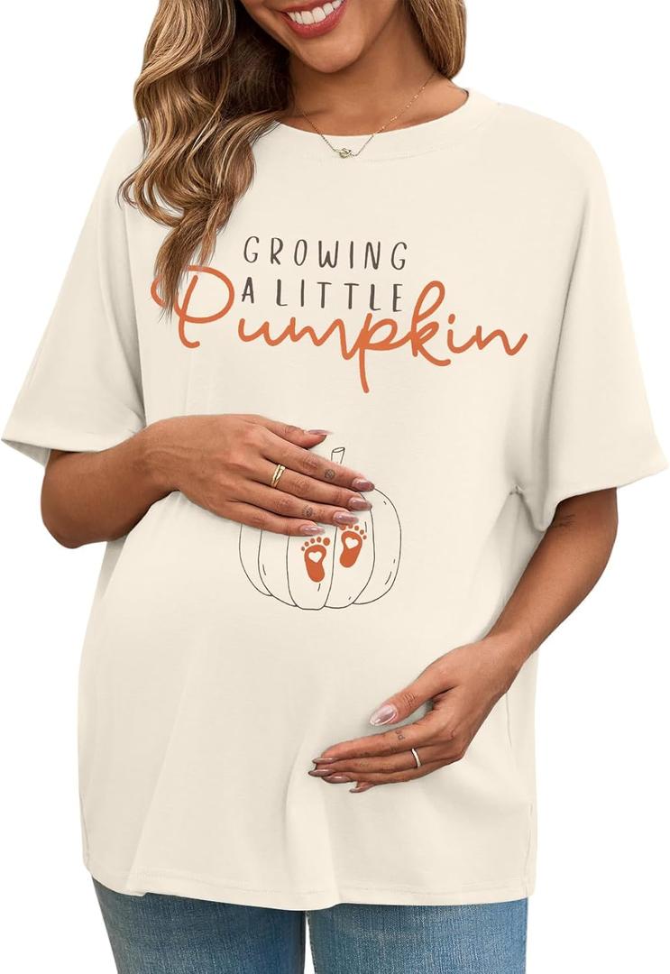 Women's Maternity Shirt Thanksgiving Growing a Little Pumpkin T Shirt Fall Pumpkins Graphic Pregnancy Announcement Tops (S)