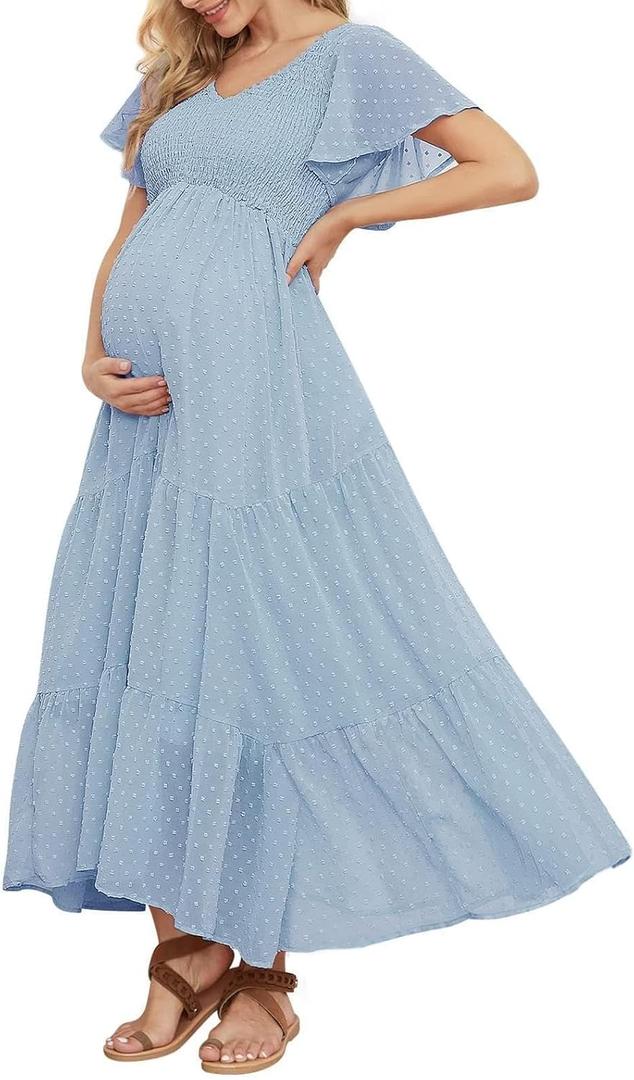 Swiss Dot Smocked Maternity Dress for Photoshoot Baby Shower, Flowy V Neck Ruffle Sleeve Empire Waist Tiered Dress, XL
