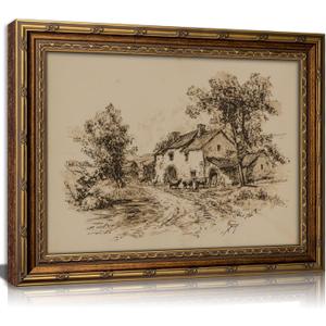 Vintage Gold Framed Farmhouse Sketch Wall Art，Retro Country Cottage with Cattle Canvas Prints, Antique Rural Farm Scene Drawing Poster Artwork for Living Room Bedroom Kitchen Wall Decor，16x24in