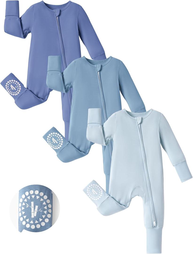 PATPAT Baby Footies Boys Girls - Bamboo Viscose - Zipper & Non-Slip Soles Romper Mitten - Footed & Footless Infant Clothes (12-18 Months, Blue)