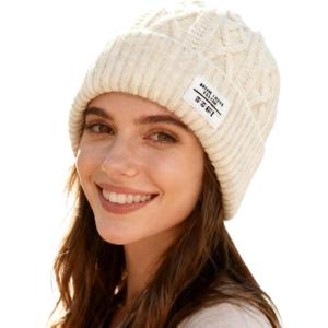 Womens Winter Knitted Beanie Hat Knit Warm Fleece Lined Beanie Knit Chunky Womens Snow Cap (Beige)