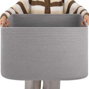 OIAHOMY XXLarge Rectangle Blanket Basket-96L, Cotton Woven Basket for Storage, Dirty Clothes Basket for Living Room, Nursery, Bedroom, Toy Organizing with Handle, 24" x 16" x 15", Grey