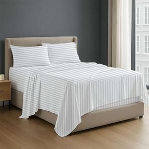 4 Piece Premium Sheet Set Cotton Queen, 100% Egyptian Cotton, 12 Inch Deep Pocket of Cotton Sheets, White Stripe