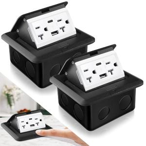 Hoolerry 2 Pack Pop up Floor Outlet Floor Kit Waterproof Electrical Outlet Cover Box with 4.8A USB A & Type C Charge and 20 Amp Tamper Resistant Socket Receptacle for Countertop Office Home(Black)