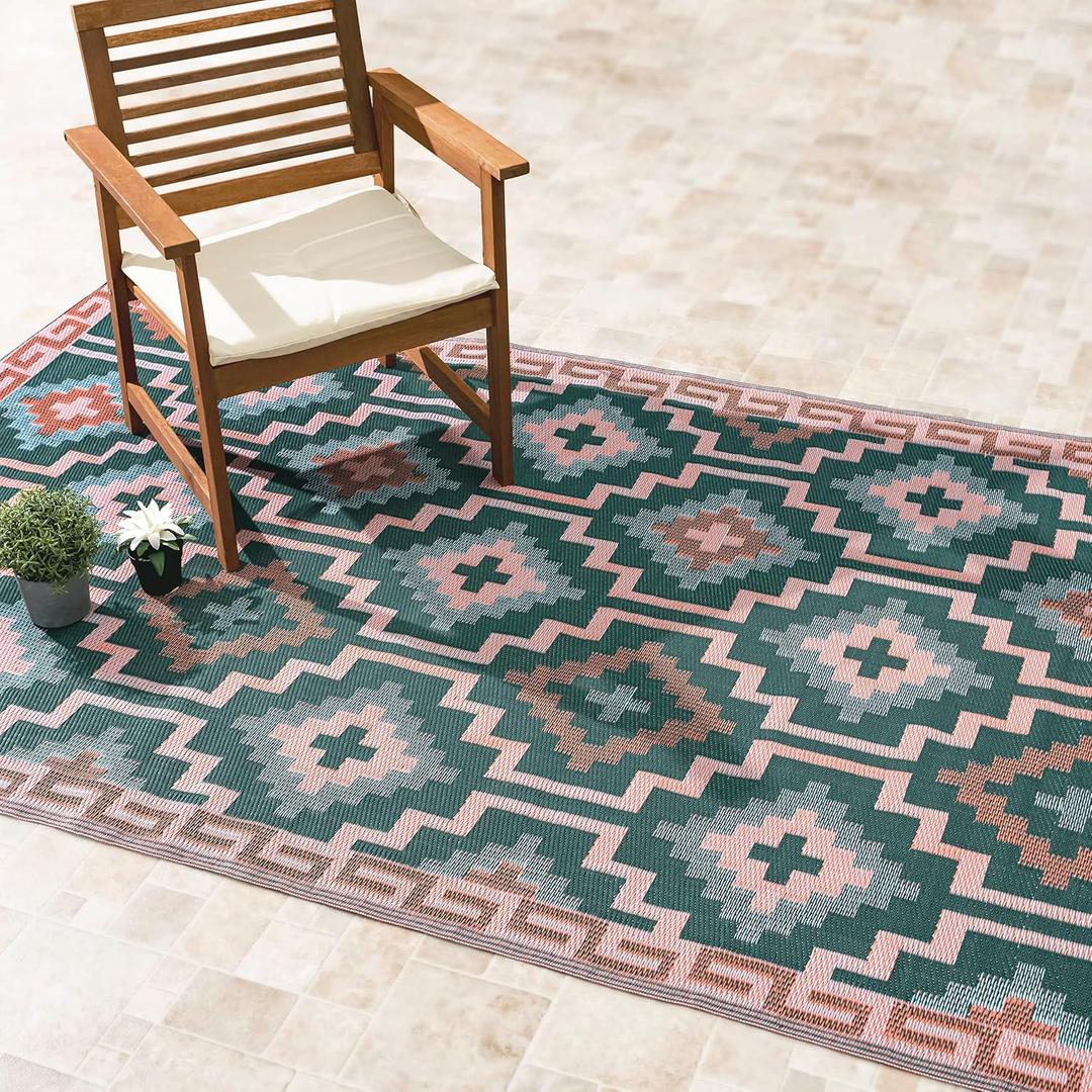 Fab Habitat Outdoor Rug - Waterproof, Fade Resistant, Crease-Free, Reversible - Premium Recycled Plastic - Vintage Boho Kilim - Large Patio, Deck, Sunroom, Camping, RV - Lhasa - Green - 6 x 9 ft