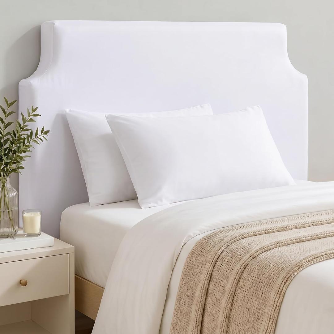 Lineshading Upholstered Twin Size Headboard in White Dorm Bed Twin Headboard with Adjustable Metal Bed Rail Slots Fabric Panel for College Dorm Bedroom Back to School Supplies, 19.69 x 29.53 inches