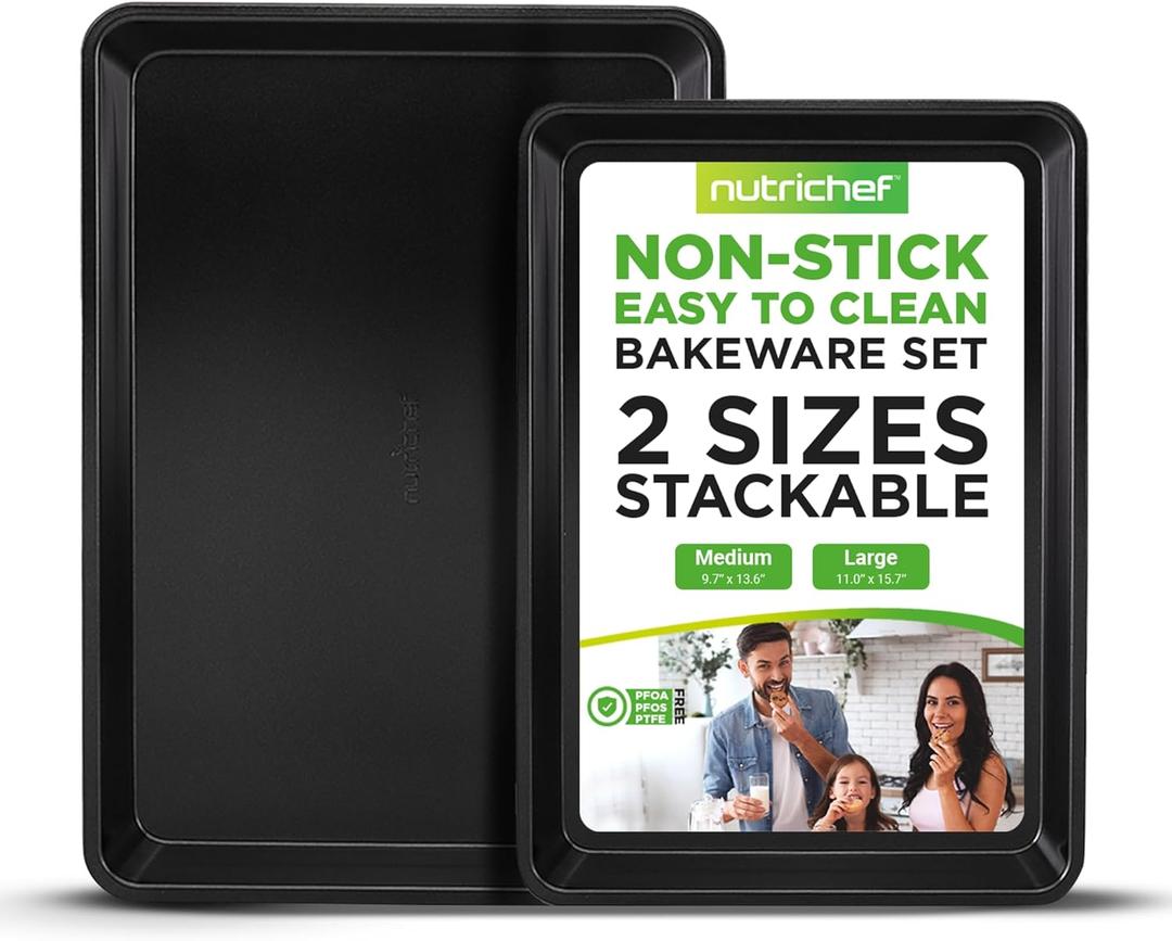 NutriChef 2-Piece Non-Stick Black Cookie Sheets - Versatile & Durable Non-Toxic Carbon Steel Bakeware Sets, Stackable Baking Tray for Cookies, Brownies, Jelly rolls - Oven Safe & Easy Clean (2-Piece Set)