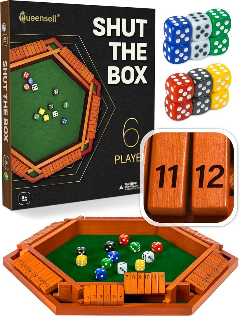 Shut The Box Game Wooden Board for 1-6 Players - 16-inch Shut The Box Game 12 Numbers for Adults & Kids - Ideal for Games Night, Large