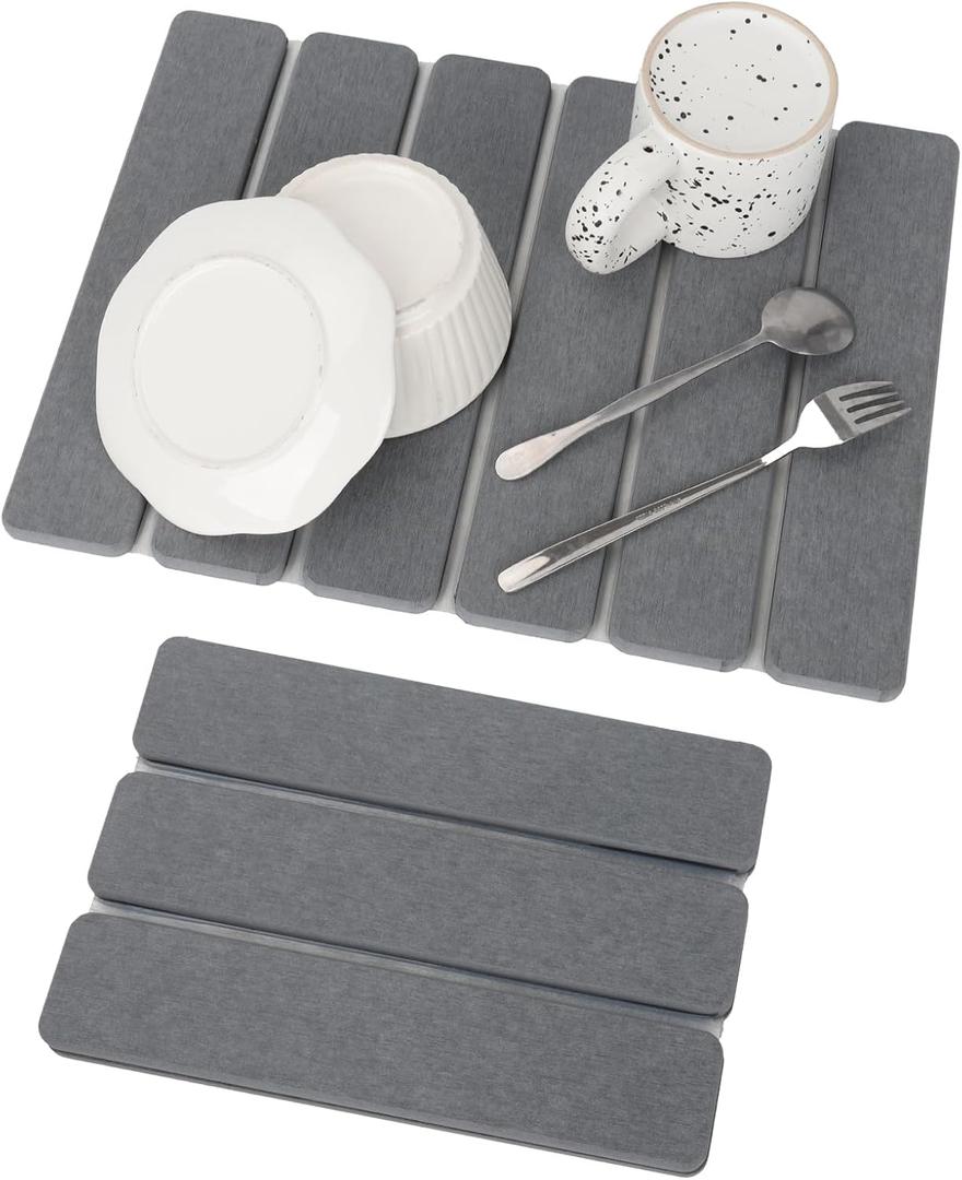 Stone Dish Drying Mat for Kitchen Counter, Eco-friendly, Instant Drying Pad,Diatomaceous Earth Water Absorbing Mat, Foldable and Super Absorbent Dish Drying Stone Mat, 16"12", Dark Gray