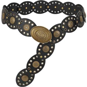 LEACOOLKEY Hollow Western Disc Belt for Dress Boho Concho Belt Vintage Country Waist Belts for Women (Black)