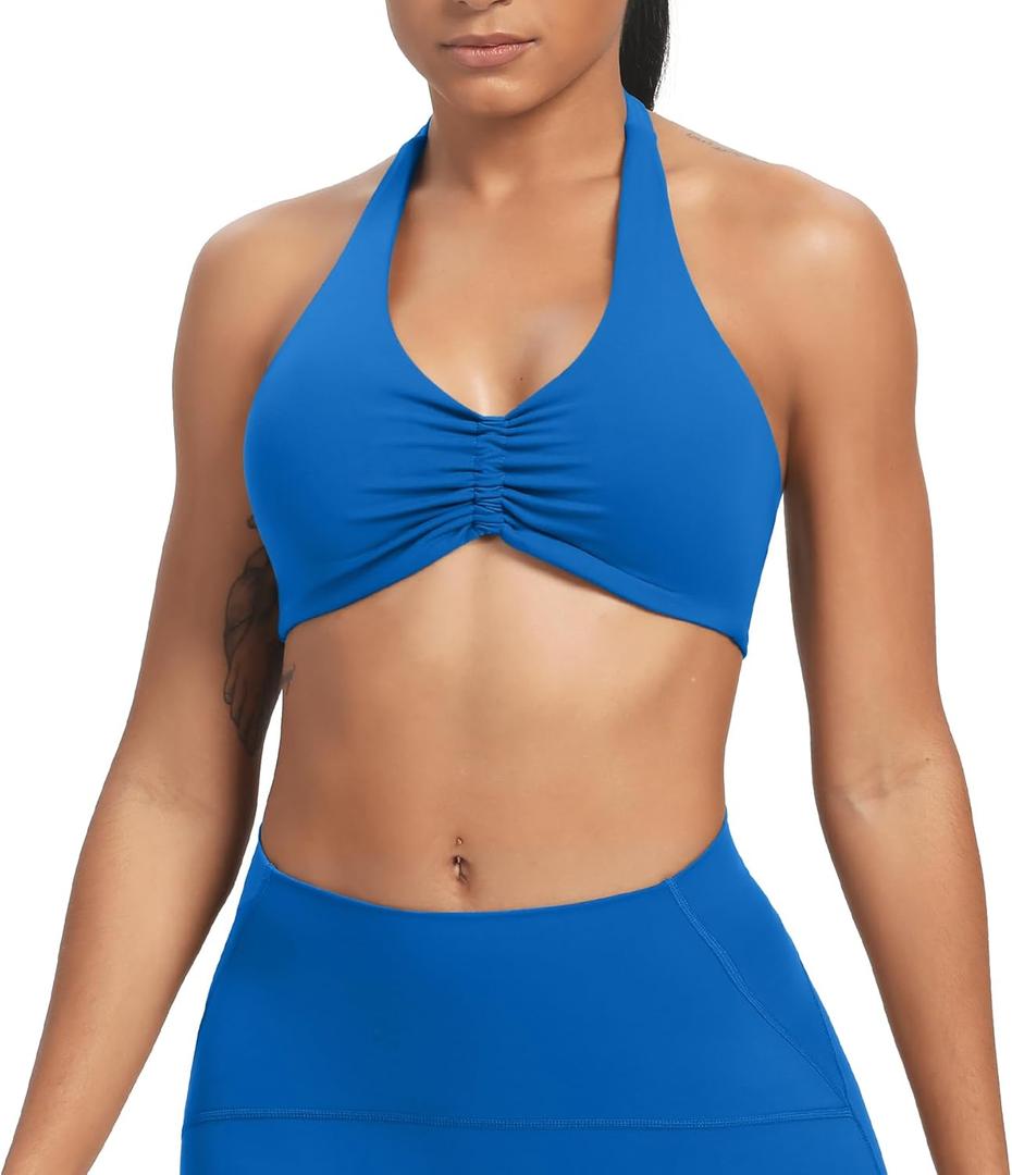 Aoxjox Women's Workout Sports Bras Fitness Taylor Scrunch Halter Bra Yoga Crop Tank (Directoire Blue, XS)