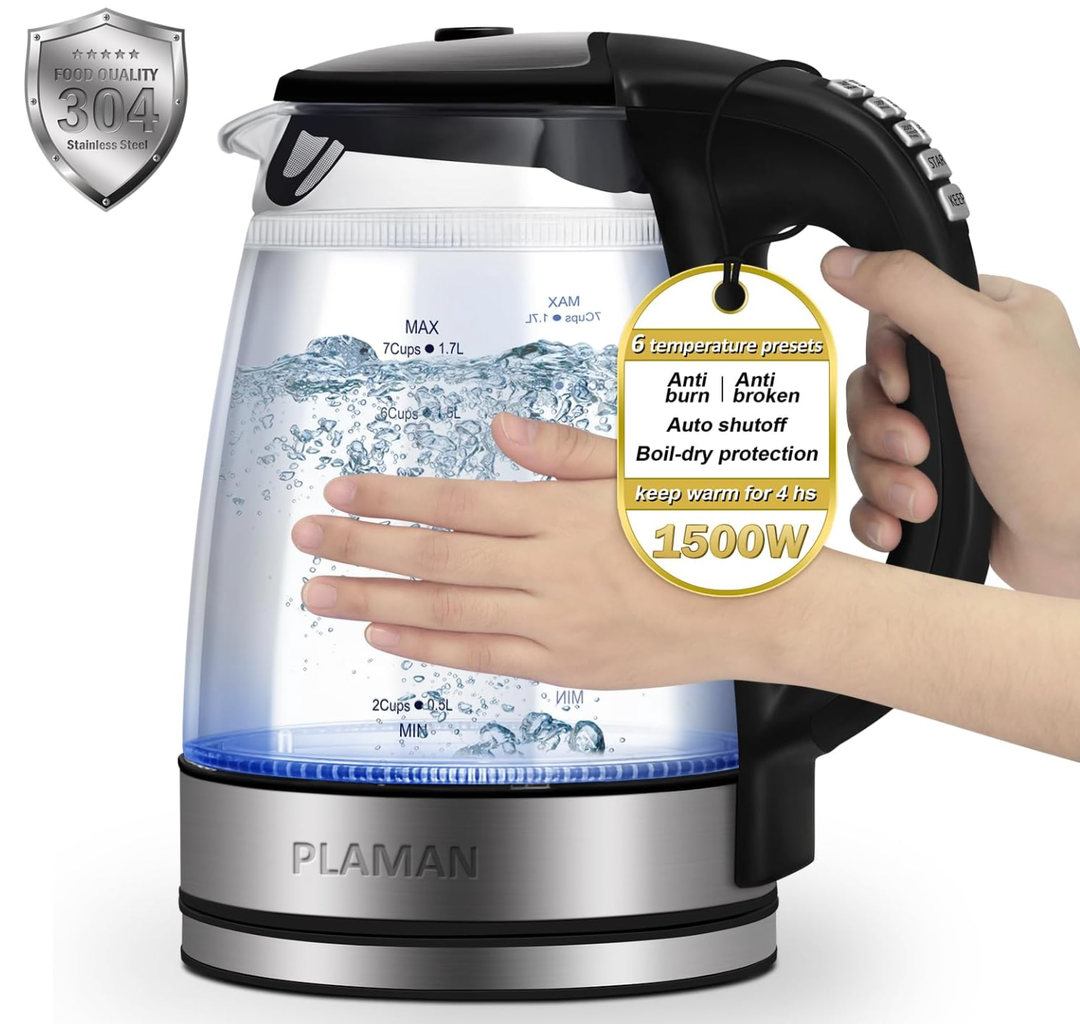 1500W Electric Kettle with Temperature Control - 6-Temp Presets for Tea/Coffee, Double Wall Cool-Touch, 4H Keep Warm, 1.7L Borosilicate Glass & BPA-Free, Fast Boil for Home/Office, Black