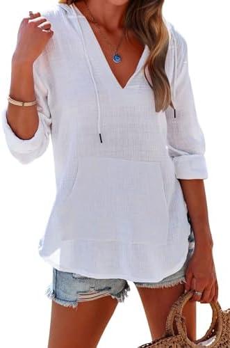 Ebifin Women's Beach Cover Up Hoodies Sweatshirt Long Sleeve V Neck Pocketed Hooded Shirt Top, S