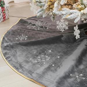 Velvet Christmas Tree Skirt 48 Inch with Gold Snowflake Rhinestone Embellishments, Luxury Fur Plush Tree Skirt Holiday Decor for Xmas, Vintage Festive Style (Gray)