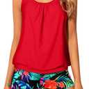 Yonique Blouson Tankini Swimsuits for Women 2 Piece Bathing Suits Tops with Boyshorts Modest Loose Fit Swimwear (X-Large, Red & Floral)