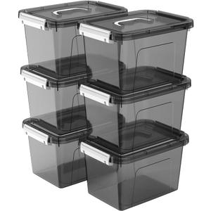 6 Quart Stackable Plastic Storage Bins with Lids, 6 Pack Clear Black Small Organizer Boxes with Latches for Bathroom, Pantry, Office Desk and Small Item Storage