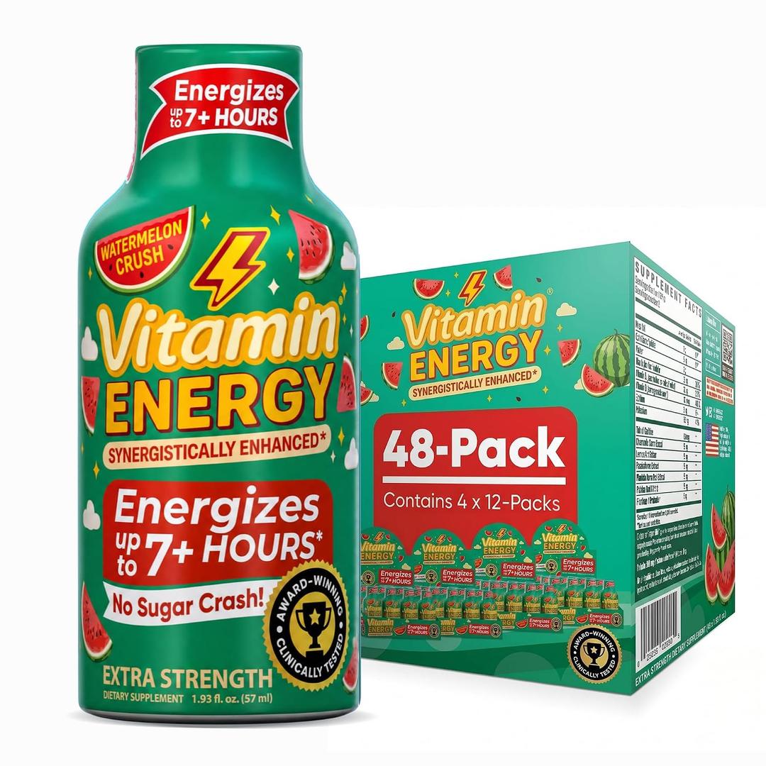 Vitamin Energy Watermelon Crush Extra Strength Energy Shot, 48 Pack - Up to 7 Hrs, 260mg Natural Caffeine, Zero Sugar - Green Tea Extract, Immune Support, B12 B6 Niacin, 1.93 fl oz, Keto Vegan