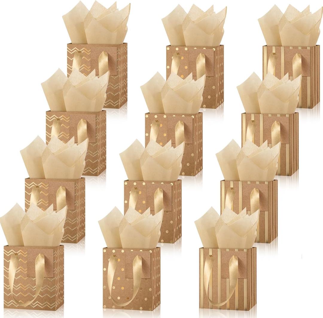Tenare 12 Pcs Small Gift Bags Mini Metallic Paper Bag Bulk Tiny with Handle Tissue Paper for Gift Wrapping Happy Valentines Day Chinese New Year Birthday Party(4 x 2.75 x 4.5 Inch,Brown Gold)