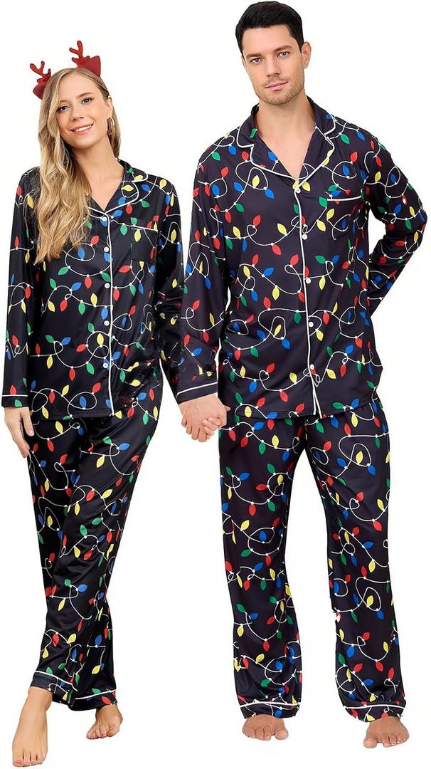 RAISEVERN Couples Christmas Matching Pajamas 2 Piece Women Men Xmas Pjs Soft Pajama Set Long Sleeve Loungewear Warm Sleepwear (XL)